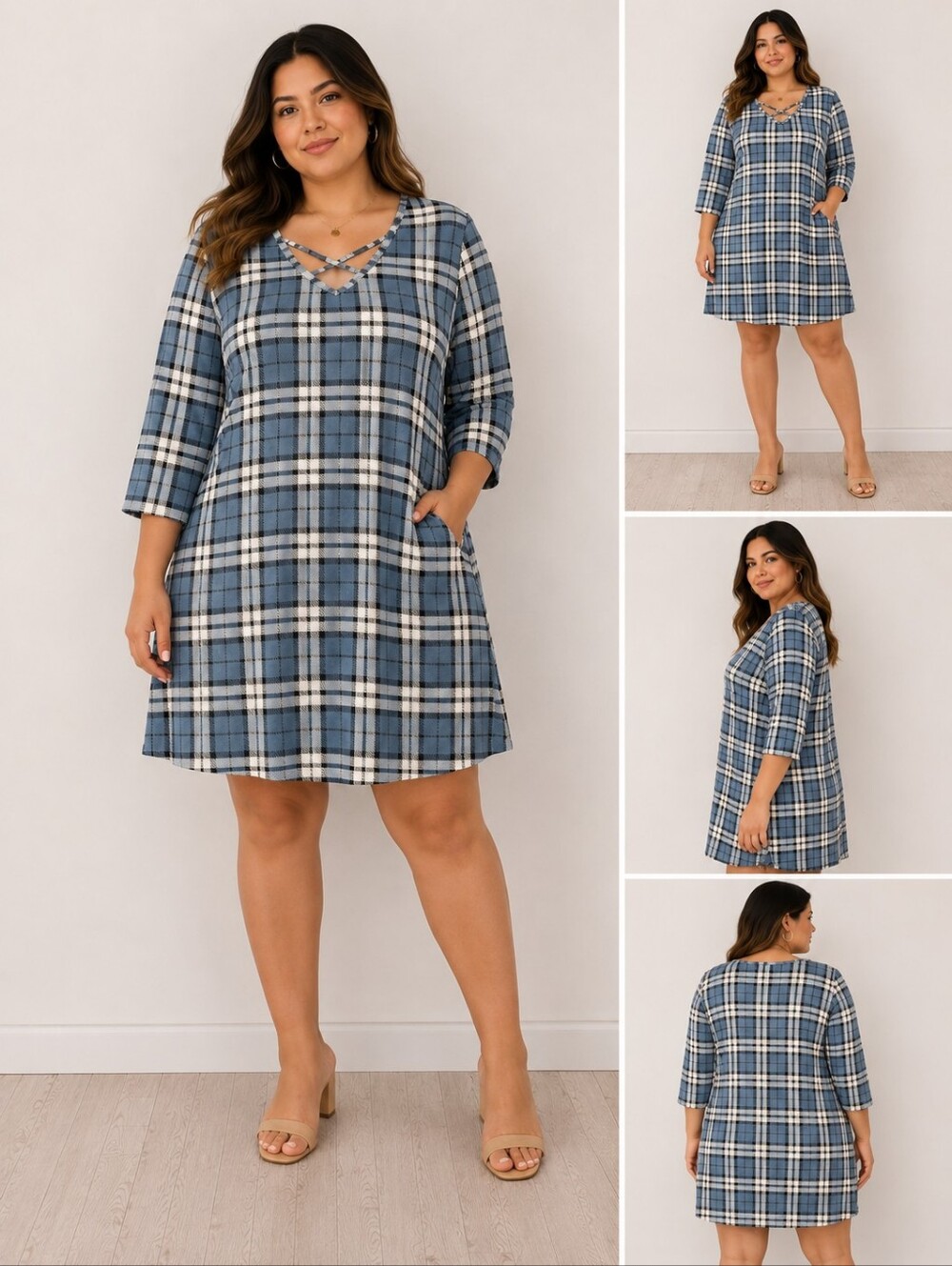 Papillon XL Blue Plaid V-Neck Tunic Dress 3/4 Sleeve